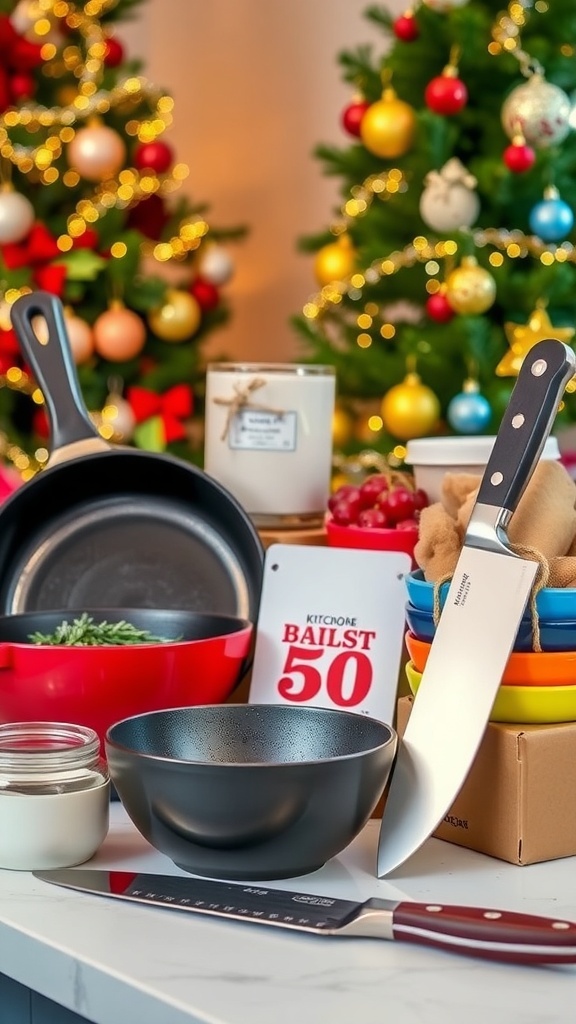 A collection of kitchen gifts including cookware and utensils, set in a festive holiday environment.